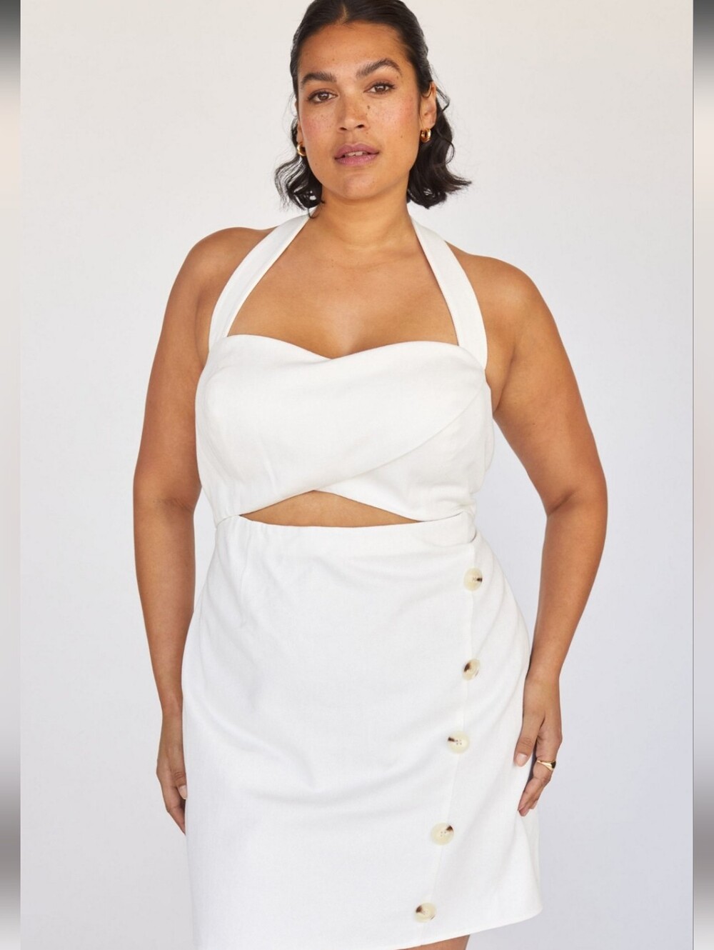 Mare Mare x Anthropologie Off White Cutout Mini Dress with Button-Accent Skirt